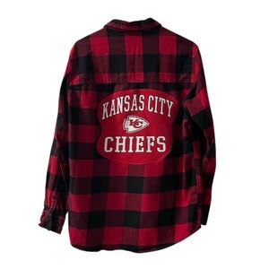 Upcycled Kansas City Chiefs Red and Black Plaid Flannel Button Front Shirt M